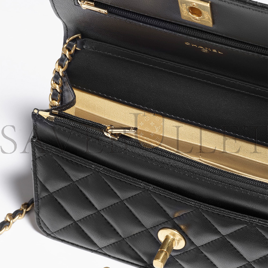 CHANEL ON-CHAIN WALLET SHINY LAMBSKIN, ENAMEL AND GOLD-TONE METAL BLACK AP3938 (19.5*12*5.5cm)